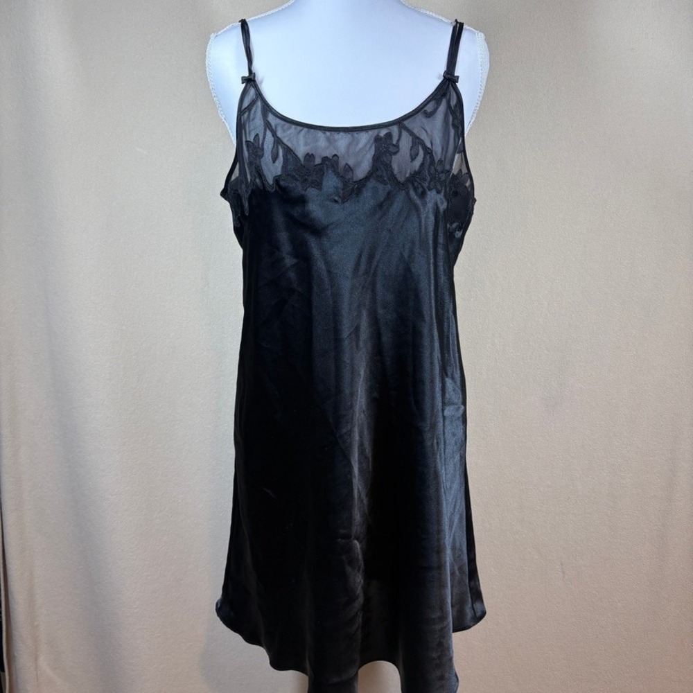 Oscar de la Renta Pink Label Black Satin Chemise Nightgown Floral Large Black